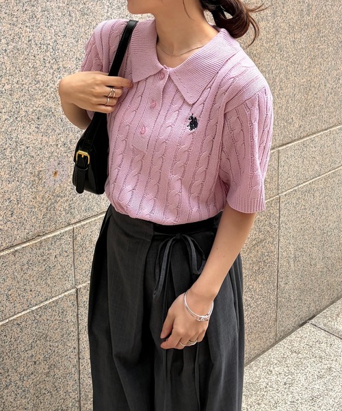 U.S. POLO ASSN.（ユーエスポロアッスン）の「[26SS新色追加]RANAN/solleim別注【U.S.POLO ASSN.】 半袖ケーブルポロ襟ニット（ニット/セーター・レディース・ネイビー/アイボリー/ブルー/ベージュ/グレー/ピンク・S/M/L）」の13枚目の写真