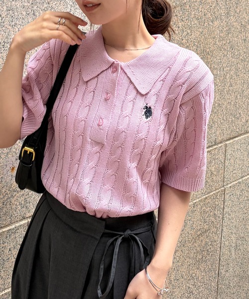 U.S. POLO ASSN.（ユーエスポロアッスン）の「[26SS新色追加]RANAN/solleim別注【U.S.POLO ASSN.】 半袖ケーブルポロ襟ニット（ニット/セーター・レディース・ネイビー/アイボリー/ブルー/ベージュ/グレー/ピンク・S/M/L）」の14枚目の写真