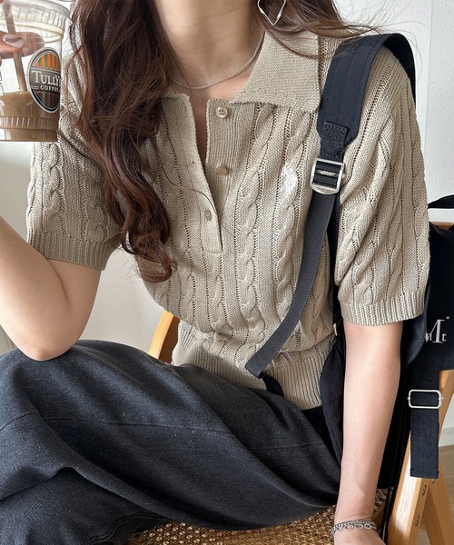 U.S. POLO ASSN.（ユーエスポロアッスン）の「[26SS新色追加]RANAN/solleim別注【U.S.POLO ASSN.】 半袖ケーブルポロ襟ニット（ニット/セーター・レディース・ネイビー/アイボリー/ブルー/ベージュ/グレー/ピンク・S/M/L）」の18枚目の写真