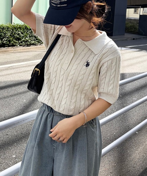 U.S. POLO ASSN.（ユーエスポロアッスン）の「[26SS新色追加]RANAN/solleim別注【U.S.POLO ASSN.】 半袖ケーブルポロ襟ニット（ニット/セーター・レディース・ネイビー/アイボリー/ブルー/ベージュ/グレー/ピンク・S/M/L）」の20枚目の写真