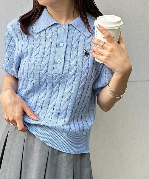 U.S. POLO ASSN.（ユーエスポロアッスン）の「[26SS新色追加]RANAN/solleim別注【U.S.POLO ASSN.】 半袖ケーブルポロ襟ニット（ニット/セーター・レディース・ネイビー/アイボリー/ブルー/ベージュ/グレー/ピンク・S/M/L）」の11枚目の写真