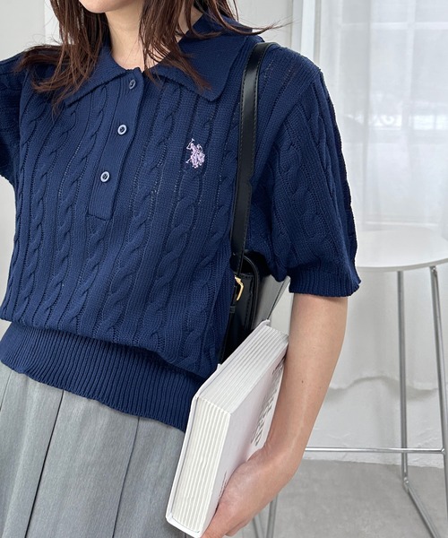 U.S. POLO ASSN.（ユーエスポロアッスン）の「[26SS新色追加]RANAN/solleim別注【U.S.POLO ASSN.】 半袖ケーブルポロ襟ニット（ニット/セーター・レディース・ネイビー/アイボリー/ブルー/ベージュ/グレー/ピンク・S/M/L）」の7枚目の写真