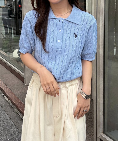 U.S. POLO ASSN.（ユーエスポロアッスン）の「[26SS新色追加]RANAN/solleim別注【U.S.POLO ASSN.】 半袖ケーブルポロ襟ニット（ニット/セーター・レディース・ネイビー/アイボリー/ブルー/ベージュ/グレー/ピンク・S/M/L）」の8枚目の写真