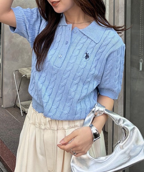 U.S. POLO ASSN.（ユーエスポロアッスン）の「[26SS新色追加]RANAN/solleim別注【U.S.POLO ASSN.】 半袖ケーブルポロ襟ニット（ニット/セーター・レディース・ネイビー/アイボリー/ブルー/ベージュ/グレー/ピンク・S/M/L）」の9枚目の写真