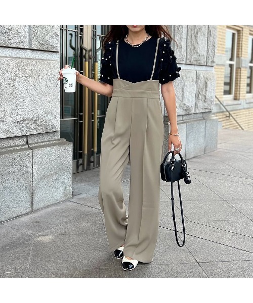 Futier land（フューティアランド）の「【新色追加】ハイウエストキャミサロペット美脚スラックス（サロペット/オーバーオール・レディース・モカ/ブラック/グレー/ブラウン/オフホワイト・LARGE/MEDIUM/SMALL/X-LARGE）」の22枚目の写真