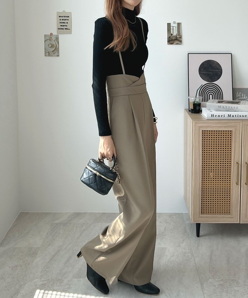 セール】【秋新色追加】ハイウエストキャミサロペット美脚スラックス