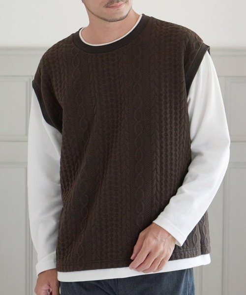 ikka(イッカ)の「フクレジャカードフェイクベストロンT(Tシャツ/カットソー・メンズ・ベージュ/ネイビー/ブラウン/グリーン・S/M/L/XL)」の1枚目の写真