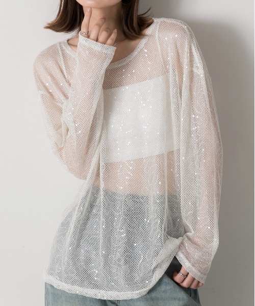 ad thie(アドティエ)の「スパンコール付き オーバーシルエットメッシュプルオーバー(Tシャツ/カットソー・レディース・イエロー/ブラック/オフホワイト・FREE)」の1枚目の写真