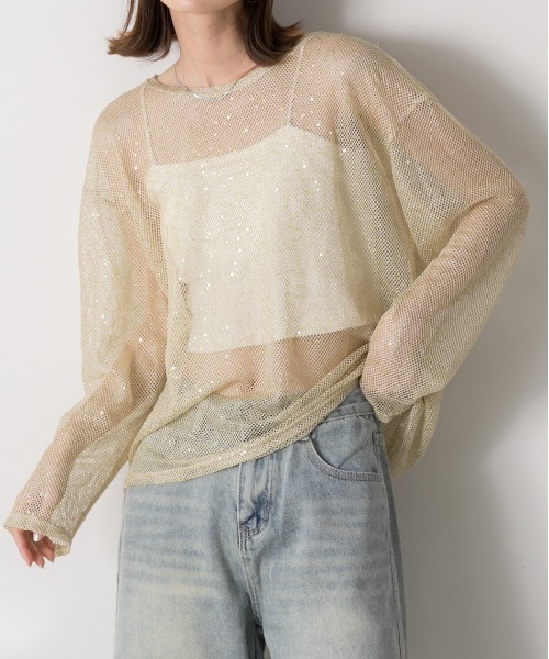 ad thie(アドティエ)の「スパンコール付き オーバーシルエットメッシュプルオーバー(Tシャツ/カットソー・レディース・イエロー/ブラック/オフホワイト・FREE)」の3枚目の写真
