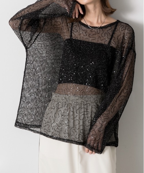 ad thie(アドティエ)の「スパンコール付き オーバーシルエットメッシュプルオーバー(Tシャツ/カットソー・レディース・イエロー/ブラック/オフホワイト・FREE)」の2枚目の写真