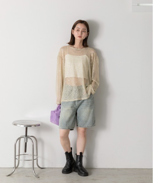 ad thie(アドティエ)の「スパンコール付き オーバーシルエットメッシュプルオーバー(Tシャツ/カットソー・レディース・イエロー/ブラック/オフホワイト・FREE)」の16枚目の写真