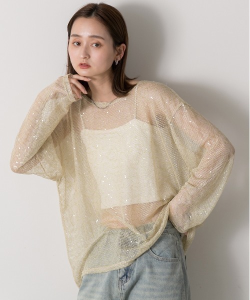ad thie(アドティエ)の「スパンコール付き オーバーシルエットメッシュプルオーバー(Tシャツ/カットソー・レディース・イエロー/ブラック/オフホワイト・FREE)」の15枚目の写真