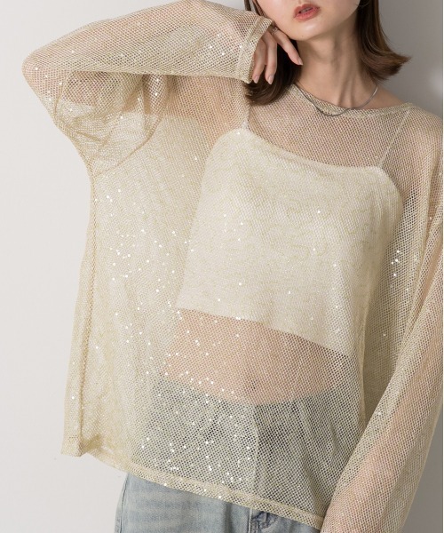 ad thie(アドティエ)の「スパンコール付き オーバーシルエットメッシュプルオーバー(Tシャツ/カットソー・レディース・イエロー/ブラック/オフホワイト・FREE)」の14枚目の写真