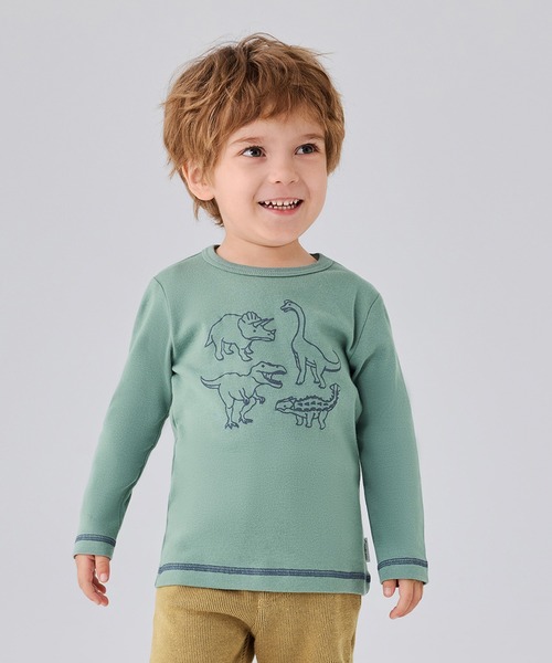 combimini（コンビミニ）の「やわらか長袖らくちんTシャツ（恐竜）（Tシャツ/カットソー・キッズ・ダークベージュ/ブルーグリーン・90/80/120/110/100）」の2枚目の写真