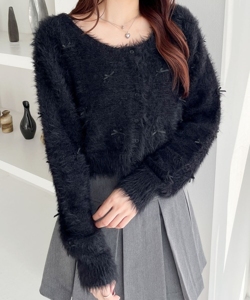 Rene✨グレー 長袖カーディガン 36　リボン　クルーネック　ベロア　ボタン Rene✨グレー 長袖カーディガン 36 リボン クルーネック ベロア