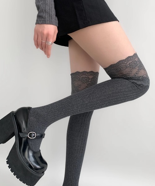 Vipoa(ヴィポア)の「lace knee high socks(ソックス/靴下・レディース・ホワイト/ライトグレー/グレー/ブラック・FREE)」の22枚目の写真