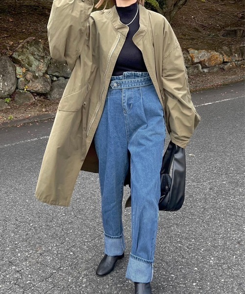 【セール】アシンメトリーハイウエストデニムパンツ / ウエストデザイン（デニムパンツ）｜HEILIS（ヘイリス）