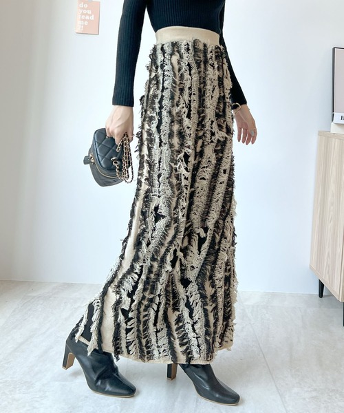 Futier land（フューティアランド）の「MIXフリンジスカート（スカート・レディース・ブラック/グレー/ベージュ・FREE）」の6枚目の写真