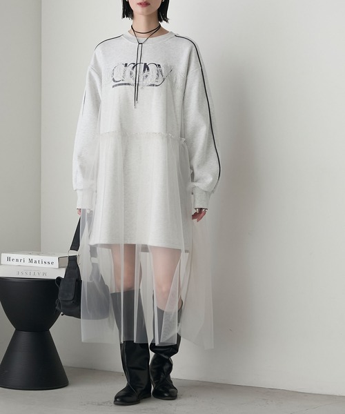 forksy.】チュールドッキング 袖ライン スウェットワンピース