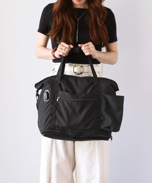 折りたたみ 軽量ボストンバッグ USBポート付き キャリーオン（トラベル