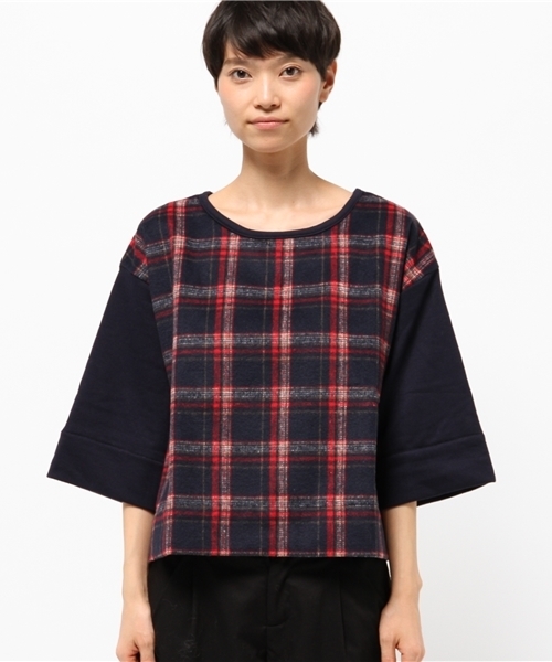OUTLET（アウトレット）の「【CAPRICIEUX LE'MAGE】チェック切替クロップドPO（Tシャツ/カットソー・レディース・カーキ/ネイビー・FREE）」の3枚目の写真