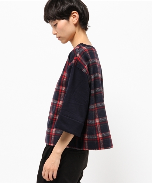 OUTLET（アウトレット）の「【CAPRICIEUX LE'MAGE】チェック切替クロップドPO（Tシャツ/カットソー・レディース・カーキ/ネイビー・FREE）」の4枚目の写真