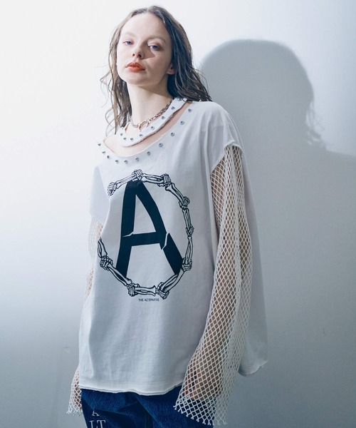 RNA(アールエヌエー)の「M2401 メッシュスリーブスタッズロンT(Tシャツ/カットソー・レディース・ピンク/ホワイト/ブラック・MEDIUM)」の1枚目の写真
