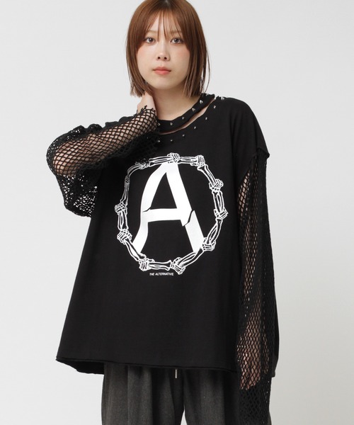 RNA(アールエヌエー)の「M2401 メッシュスリーブスタッズロンT(Tシャツ/カットソー・レディース・ピンク/ホワイト/ブラック・MEDIUM)」の2枚目の写真