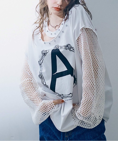 RNA(アールエヌエー)の「M2401 メッシュスリーブスタッズロンT(Tシャツ/カットソー・レディース・ピンク/ホワイト/ブラック・MEDIUM)」の4枚目の写真