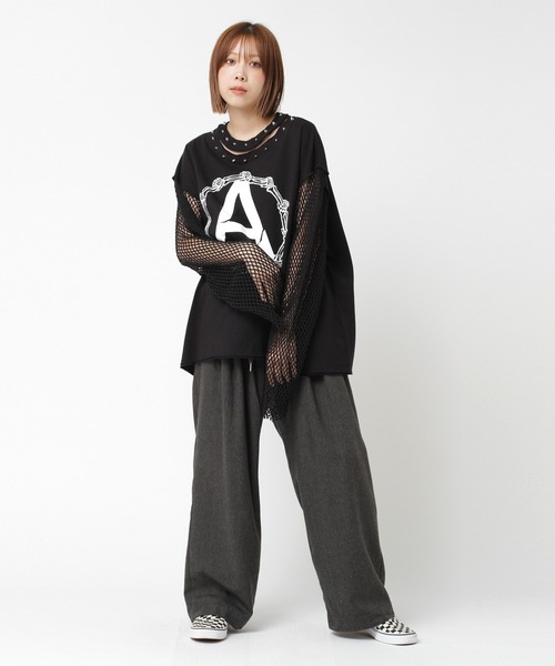 RNA M2401 メッシュスリーブスタッズロンT ブラック セール】M2401 メッシュスリーブスタッズロンT（Tシャツ