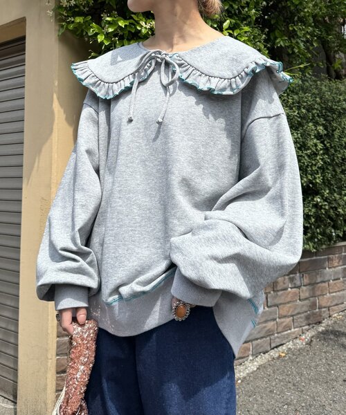 HELLO.SANFRANCISCO(ハローサンフランシスコ)の「【HELLO.SANFRANCISCO】ビックカラー襟付きスウェット(Tシャツ/カットソー・レディース・ネイビー/レッド/グレー/ライトグレー/チャコールグレー・ONE SIZE)」の4枚目の写真