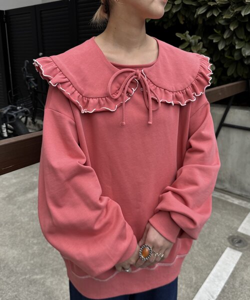 HELLO.SANFRANCISCO(ハローサンフランシスコ)の「【HELLO.SANFRANCISCO】ビックカラー襟付きスウェット(Tシャツ/カットソー・レディース・ネイビー/レッド/グレー/ライトグレー/チャコールグレー・ONE SIZE)」の1枚目の写真