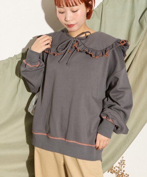 HELLO.SANFRANCISCO(ハローサンフランシスコ)の「【HELLO.SANFRANCISCO】ビックカラー襟付きスウェット(Tシャツ/カットソー・レディース・ネイビー/レッド/グレー/ライトグレー/チャコールグレー・ONE SIZE)」の2枚目の写真