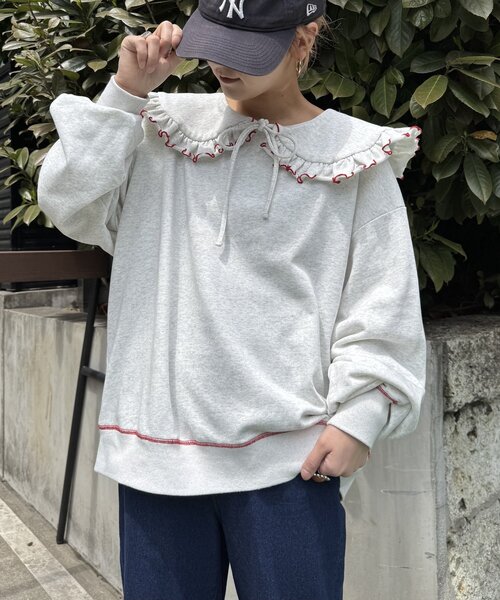 HELLO.SANFRANCISCO(ハローサンフランシスコ)の「【HELLO.SANFRANCISCO】ビックカラー襟付きスウェット(Tシャツ/カットソー・レディース・ネイビー/レッド/グレー/ライトグレー/チャコールグレー・ONE SIZE)」の3枚目の写真