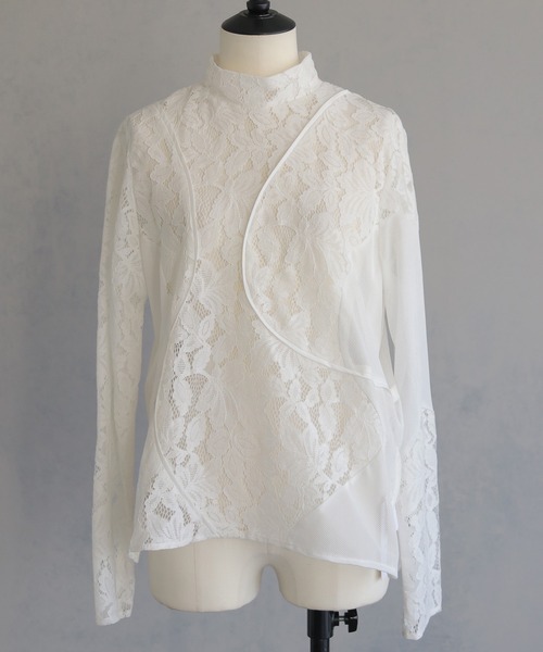 &g'aime】MIXレースカーブスイッチブラウス MIX Lace Curved