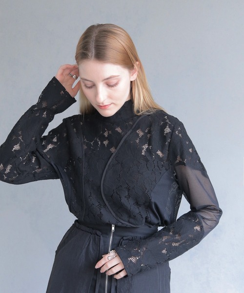 &g'aime】MIXレースカーブスイッチブラウス MIX Lace Curved