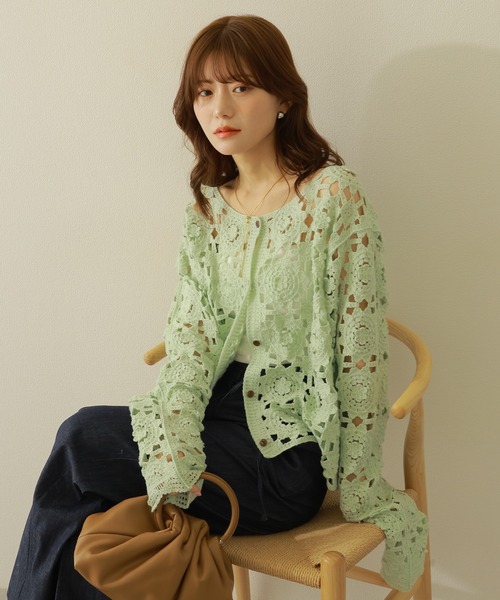 Lauren ローレン　plathing knit　ニットカーディガン crochet knit cardigan /クロシェ かぎ編み 長袖 ニット