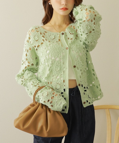 crochet knit cardigan /クロシェ かぎ編み 長袖 ニット カーディガン