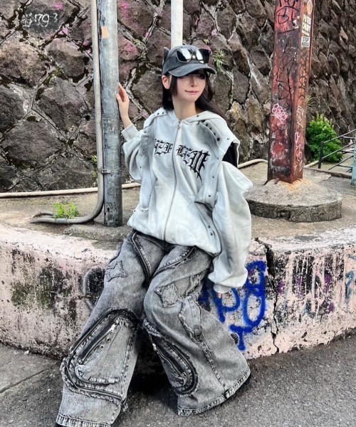 【美品】レフレム　クロスパッチ　ワイド　デニムパンツ　カーゴパンツ　フリーサイズ REFLEM/レフレム』クロスパッチZIP切替ワイドデニムカーゴパンツ