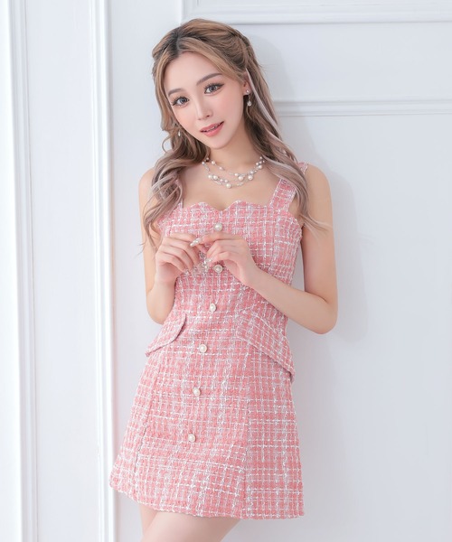 myMinette(マイミネット)の「キャバドレス ミニ フレア ツイード パールボタン キャミソール ノースリーブ 台形ドレス ワンピース キャバワンピ ミニ丈(ワンピース・レディース・ブラック/ピンク・L/M/S)」の1枚目の写真