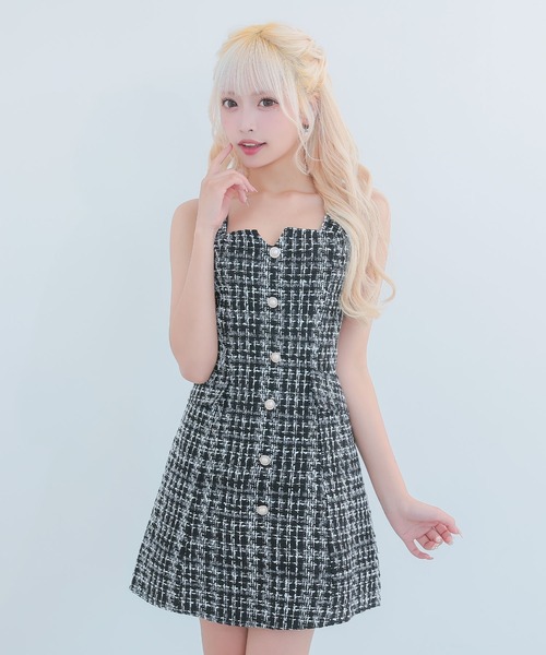 myMinette(マイミネット)の「キャバドレス ミニ フレア ツイード パールボタン キャミソール ノースリーブ 台形ドレス ワンピース キャバワンピ ミニ丈(ワンピース・レディース・ブラック/ピンク・L/M/S)」の6枚目の写真