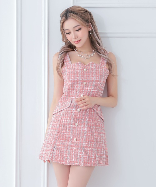 myMinette(マイミネット)の「キャバドレス ミニ フレア ツイード パールボタン キャミソール ノースリーブ 台形ドレス ワンピース キャバワンピ ミニ丈(ワンピース・レディース・ブラック/ピンク・L/M/S)」の7枚目の写真