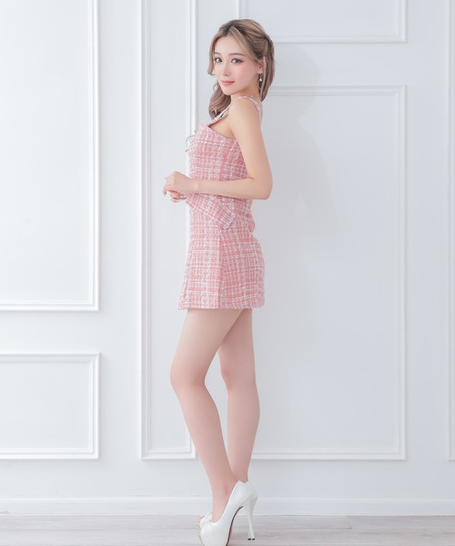myMinette(マイミネット)の「キャバドレス ミニ フレア ツイード パールボタン キャミソール ノースリーブ 台形ドレス ワンピース キャバワンピ ミニ丈(ワンピース・レディース・ブラック/ピンク・L/M/S)」の9枚目の写真