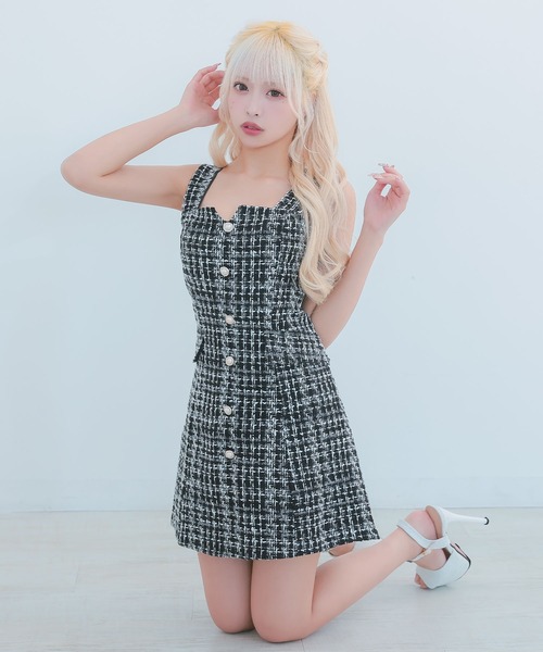 myMinette(マイミネット)の「キャバドレス ミニ フレア ツイード パールボタン キャミソール ノースリーブ 台形ドレス ワンピース キャバワンピ ミニ丈(ワンピース・レディース・ブラック/ピンク・L/M/S)」の16枚目の写真