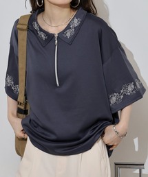 FUNALIVE（ファンアライブ）の「刺繍デザインフレアスリーブハーフジップTシャツ（Tシャツ/カットソー）」