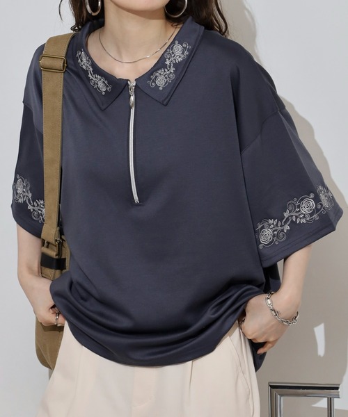 __gram.(スペースグラム)の「刺繍デザインフレアスリーブハーフジップTシャツ(Tシャツ/カットソー・メンズ・ブラック/チャコール/ホワイト・M/L)」の3枚目の写真