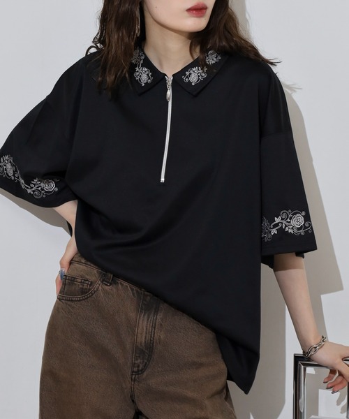 __gram.(スペースグラム)の「刺繍デザインフレアスリーブハーフジップTシャツ(Tシャツ/カットソー・メンズ・ブラック/チャコール/ホワイト・M/L)」の2枚目の写真