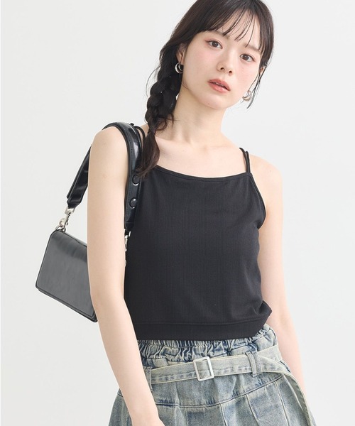 earth music&ecology（アースミュージックアンドエコロジー）の「ダブルストラップパターンメッシュキャミソール（キャミソール・レディース・その他14/ブラック/オフホワイト・M/S）」の2枚目の写真