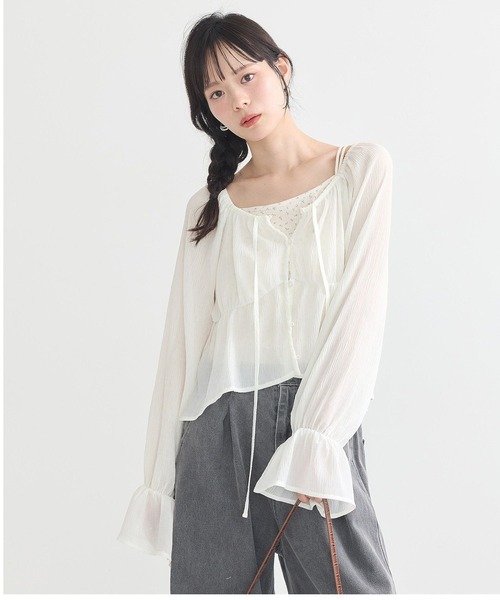 earth music&ecology（アースミュージックアンドエコロジー）の「ダブルストラップパターンメッシュキャミソール（キャミソール・レディース・その他14/ブラック/オフホワイト・M/S）」の9枚目の写真