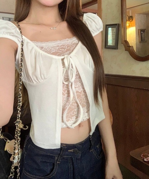セール】レースレイヤード風リボンギャザートップス（Tシャツ